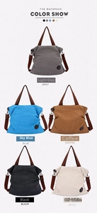 Vue verticale de cinq options de couleurs pour ce sac cabas en toile, dont le bleu