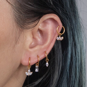 G23 Titanium gold hoop earrings set with zircon leaf and teardrop pendants for women