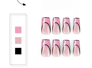 Close-up of pink coffin press-on nails with black French tips and color scheme index