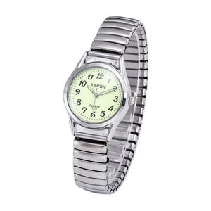 Classic women's quartz watch with silver elastic metal band and luminous arabic numerals