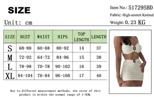 Detailed size chart for striped backless crop top and mini skirt set with metal detail