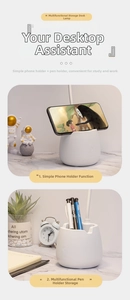 Close-up of a white LED desk lamp featuring a built-in pen holder and phone stand