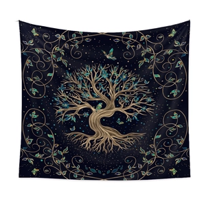 Detailed close-up of golden Tree of Life tapestry with birds and floral vines on navy background