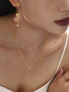Close-up of golden floral pendant necklace and tassel earrings set on a model