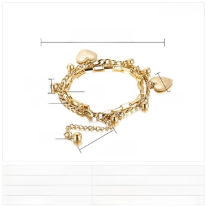 Detailed view of dual-layer golden stainless steel heart bracelet with 170mm chain length
