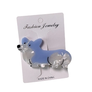 Cute Corgi dog hair clip made of blue and marble white acetate for women's hair styling
