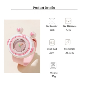 Pink and white cartoon children's watch with circular dial and heart pattern details