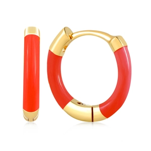 Detailed macro view of gold-plated hoop earrings with vibrant red enamel coating