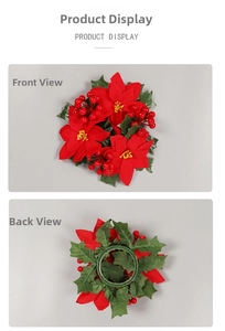 Front and back detail of Christmas candle ring with red poinsettia and holly berries