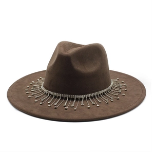 Brown wide brim felt fedora hat featuring elegant silver rhinestone tassel trim
