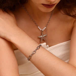 Minimalist stainless steel starfish pearl necklace and bold link bracelet jewelry set