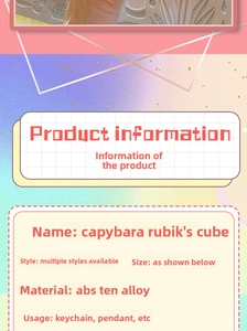 Detailed product specifications for Capybara Rubik's Cube keychain with ABS and alloy materials