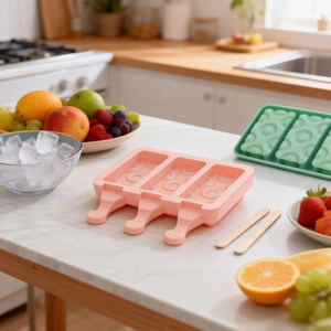 Silikon-Eisformen in Pink und Grün mit kreisförmigem Muster auf Marmorhintergrund
