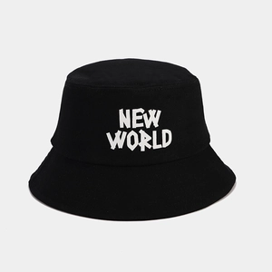 Close-up of black cotton bucket hat with white NEW WORLD graffiti lettering detail