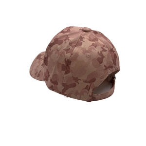 Detail view of the pink camouflage baseball cap featuring an adjustable back strap buckle