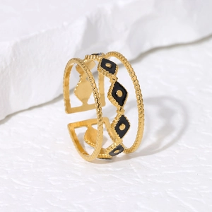 Golden stainless steel evil eye open ring with black enamel geometric diamond pattern