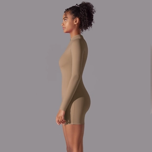 Side view of khaki long sleeve bodycon yoga dress with stand collar and slim fit