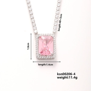 Detail view of pink rectangular gemstone necklace with dimensions 1.8cm x 1.4cm and silver chain