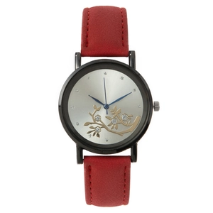 Montre quartz femme avec bracelet en daim rouge et cadran à motif floral doré