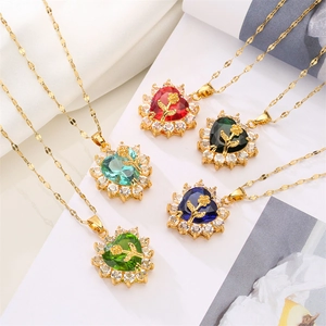 Heart Shaped Pendant Necklace Copper With Rose Flower Micro Paved Zircon Crystal For Women Romantic Jewelry