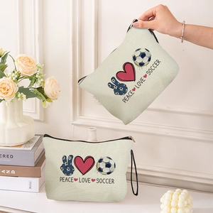 Portable peace love soccer canvas makeup bag set with zipper for travel storage