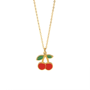 Gold-plated stainless steel necklace with red enamel cherry pendant and green leaf detail