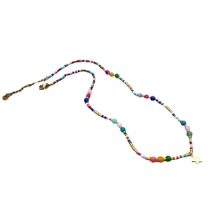 Colorful natural stone necklace with a gold star pendant and stainless steel chain