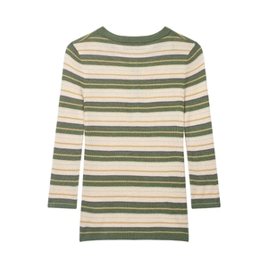 Detail of ribbed knit texture on a striped long sleeve cardigan in green and yellow