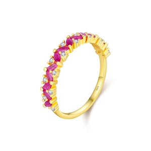 Elegant gold plated S925 silver ring with marquise red stones and white crystals