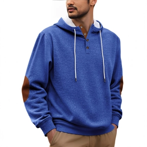 Men's blue hooded sweatshirt with Henley button neck and brown elbow patches