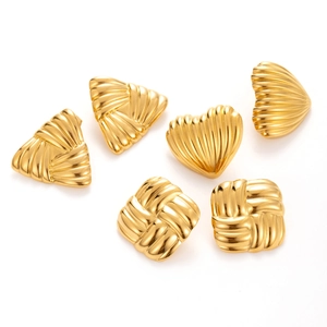 Golden titanium steel earrings set with geometric heart and square textured patterns