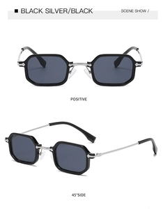 Vorder- und 45-Grad-Ansicht der geometrischen Sonnenbrille in Schwarz und Silber