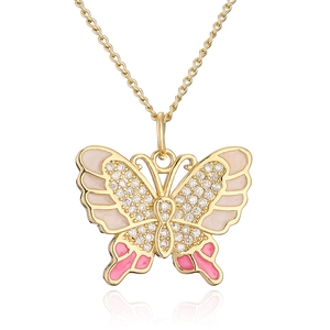 Gold-plated butterfly pendant necklace with pink and white enamel and zircon accents
