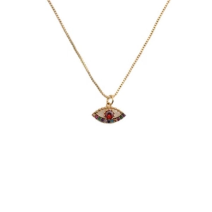 Retro gold plated copper evil eye necklace with red center stone and colorful zircons