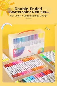 Close-up of a 120-color dual-tip watercolor marker set in a portable plastic storage case