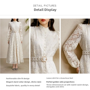 Detail of court style lace dress with vintage stand collar and intricate embroidery
