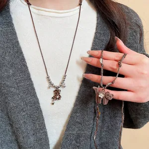 Retro Beflockter Tieranhänger Halskette Lange Geflochtene Seil Pulloverkette Legierungsperlen Tigerauge Stil Schmuck
