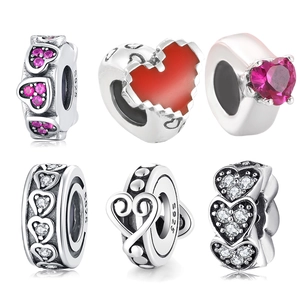 925 Sterling Silver Heart Charm Beads Pink Red Cubic Zirconia Enamel DIY Jewelry Accessories For Bracelets