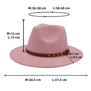 Size guide for wool jazz fedora hat showing crown height and brim width measurements