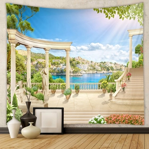 Detail view of polyester wall tapestry featuring Mediterranean coastal landscape and marble pillars