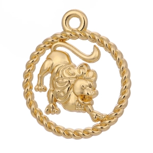 Detailed view of a golden vintage alloy Leo zodiac pendant with twisted rope border design