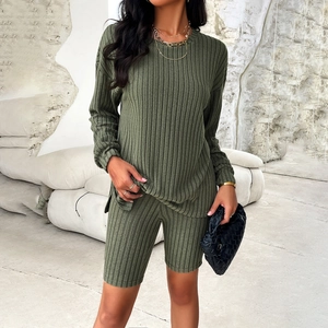 Women's army green ribbed knit two-piece set with long sleeve top and casual shorts