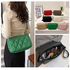 Collage of quilted crossbody bag showing styling, multiple colors and internal capacity