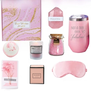 Detailed lavender spa gift set with 16oz tumbler silk eye mask and scented candles
