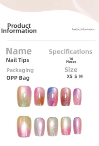 Detailed view of rainbow cat-eye gradient press-on nails with shimmering finish textures