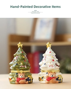Detail of hand-painted ceramic Christmas tree jewelry boxes with bear and star accents