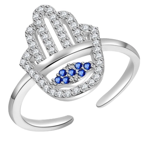 Silver Hamsa Hand Evil Eye open ring with blue and white zircon stones on white background