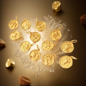 Golden zodiac sign pendant with round relief design splashing in water for DIY jewelry