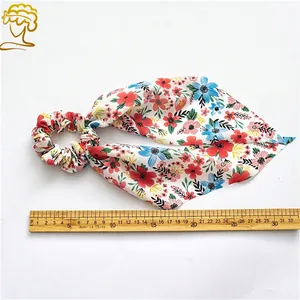Floral chiffon hair scrunchie with long ribbon tie in French style, length 32cm