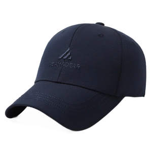 Dark blue baseball cap with mountain embroidery and tight curved brim stitching